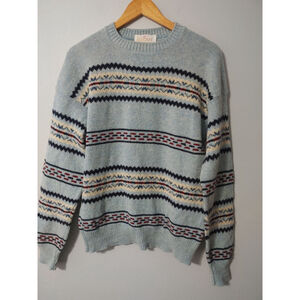 Men's Vintage 80s Jantzen Crewneck Sweater M Fair Isle Light Blue w/ Navy, Red